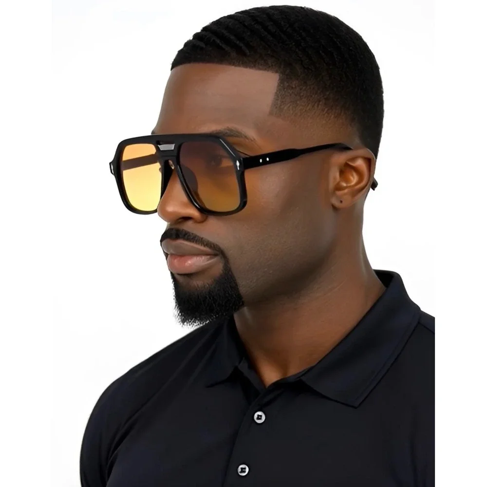 Mens Sunglasses Black Flat Top Square Yellow Gradient Lenses Modern Hip Hop 2026